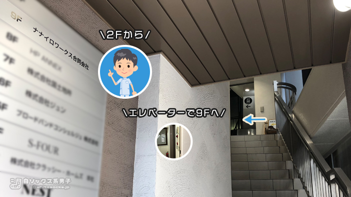 2Fのエレベーターホールからお上がりください。